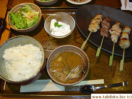 I had grilled chicken lunch set. The sticks on the plate from left to right are: grilled chicken skin, gizzard, thigh meat and chicken meatballs