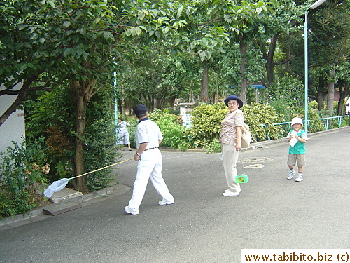 Grandparents trying to catch cicadas on a Sunday morning. They almost got one but it flew away.
