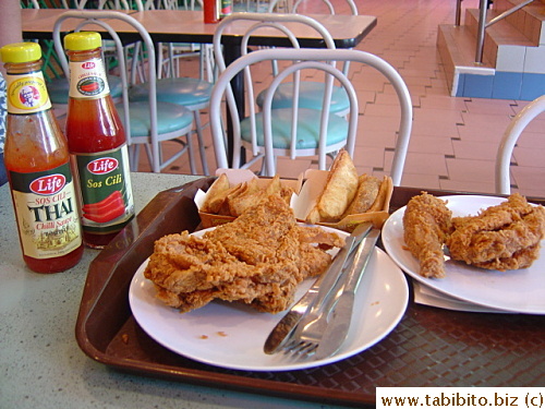 Had KFC hot and spicy chicken for lunch one day in Langkawi when we explored the area outside our hotel.  We normally wouldn't eat at a western fast food restaurant overseas, but there was nothing else for miles around, so we had no choice.  KL felt so stuffed after the greasy chicken he had to skip dinner