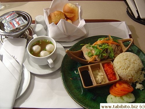 Hainanese Chicken Rice from room service menu at Sheraton.  All this for US 6 bucks.  Cheaper than a meal in a restaurant plus taxi fare