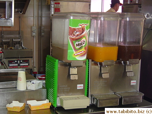 Milo, the chocolate malt drink, is big in Malaysia.  It's ubiquitous.  Many fast food restaurants, such as KFC in this picture, serve it on their menu