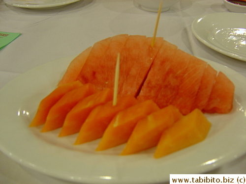 Papaya and watermelon for dessert after the dim sum