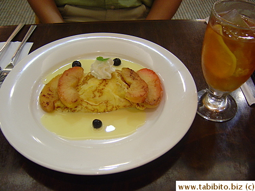 KL's afternoon tea: crepe with vanilla ice-cream and baked apples and iced lemon tea