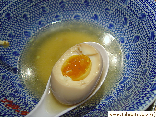 The egg's perfectly cooked with a soft but not runny yolk