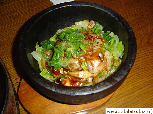 Spicy Korean style rice served in a very hot stone bowl