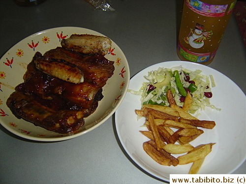 Our dinner: BBQ ribs, wings, homemade fries and cabbage, asparagus and bean salad