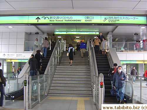 Stairs/escalators leading up to the Yurikamome Station