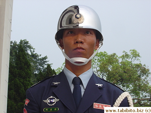 The guards stand at their post in rain or shine. This one is pouring sweat down his face and he can't even wipe it, poor fella!