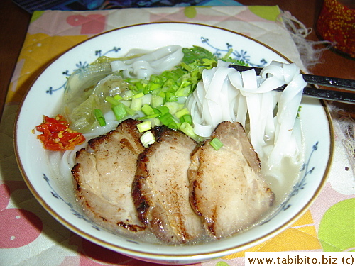 The noodles are dried ones from Thailand and have to be rehydrated before cooking and the roast pork is homecooked of course!