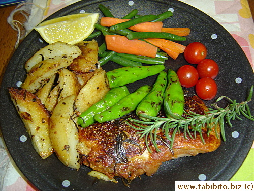 Our dinner that night: crispy skin rosemary chicken, sauteed potatoes and vegies