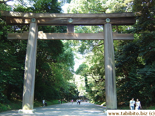 Huge Torii gate at the entrance of Meijijinju Shrine on the Harajuku side