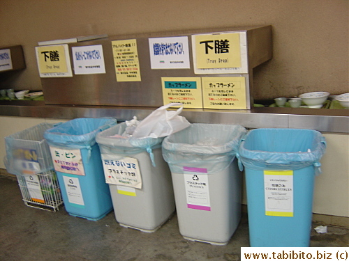 Garbage is thrown out in appropriate bins before they are placed on the conveyor belt behind