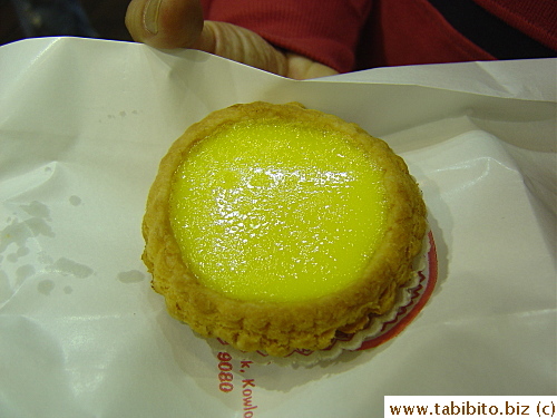 The best egg tart I ever had: flaky tart shell and just slightly sweet baked custard filling.  When we bought one, it was so good I had to go back and get another one.  The tart was so fresh the filling was still steaming when I bit into it