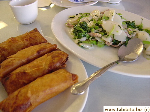 Spring rolls and stir-fried Shanghai rice cakes at the Shanghai restaurant