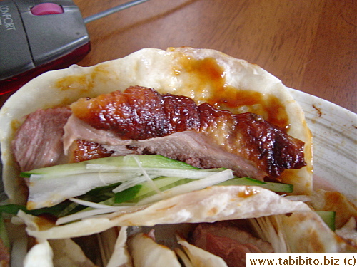 Thick meaty duck, cucumber and Japanese leeks encased in a crepe smeared with Hoisin sauce