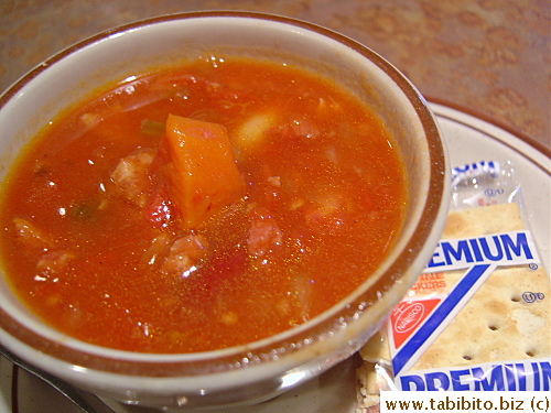 Portugese bean soup.  They always give you crackers with soup in America
