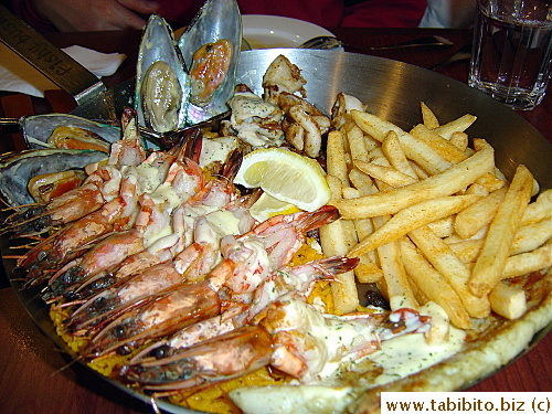 Seafood Platter For Two with prawns, mussels, grilled calamari, fish, fries and pilaf HK$166/US$21  The pilaf's tasty, the fries crispy, the calamari was the same as the appetizer's which was delicious and the rest okay