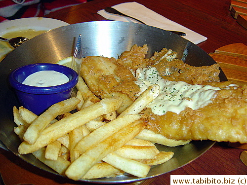 New York Fish & Chips.  Very crunchy batter covering moist meat and fresh hot fries.  I don't think it needed the cheese sauce though