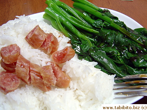 Our dinner on the day we flew back: steamed Chinese sausages and boiled Chinese broccoli over rice
