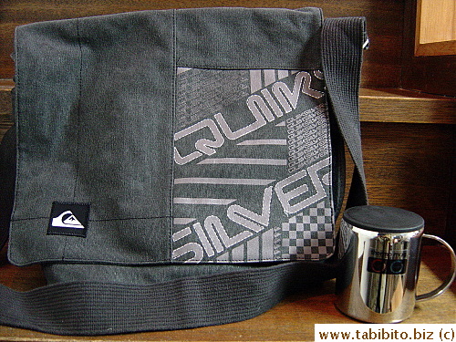 KL's bag and mug.  He's been using the mug and it totally works.  It keeps coffee hot for a long time.