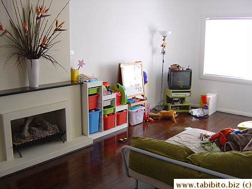 Fake fire place and kids' play area