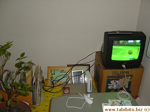 We had to move the TV to the side to give us more room to play in our tiny tatami room