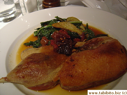 Crispy Duck Confit with Roasted Potatoes, Glazed Cippolini, Bitter Greens and Rhubbarb Vinaigrette $28