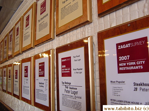 All these Zagat survey awards on the wall (rated best steak in NY 24 yrs in a row)