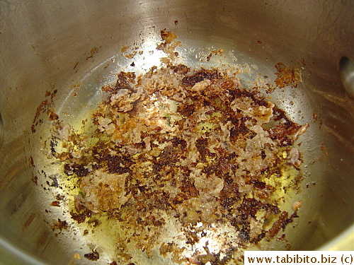 After all the meat is browned, thick crusty brown bits are left on the pan which will give nice color and flavor to the sauce