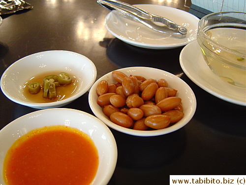 Boiled peanuts (S$2), jalapeno and chili sauce