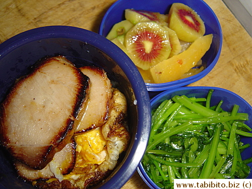 Chinese BBQ pork, fried egg, Japanese mustard green, rainbow kiwi and starfruit