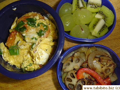 Fried shrimps with egg and scallions, stirfried fresh lotus root, onion and red pepper, kiwi and grapes