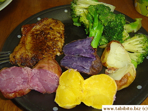 Dinner: Blackened pork chops, broccoli and roasted potatoes