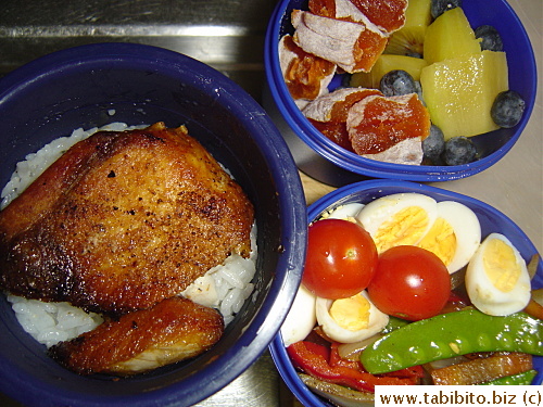 Grilled yellowtail (buri), quail eggs, stirfried mixed veggies, pineapple and dried persimmon