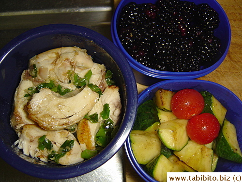 Leftover chicken with ginger and scallion oil, sauteed zucchini, cherry tomatoes, blackberries