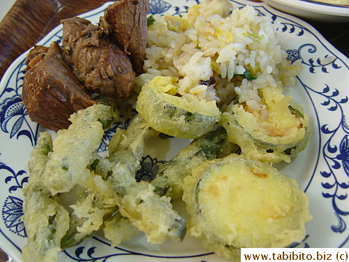 The beef was tough as leather, but the asparagus and zucchini tempura were crispy and hot