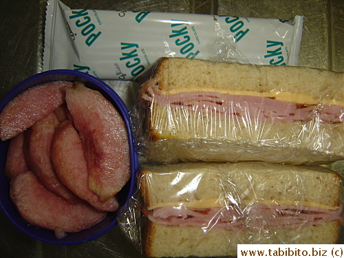 Ham and cheese sandwich, peaches, Pocky