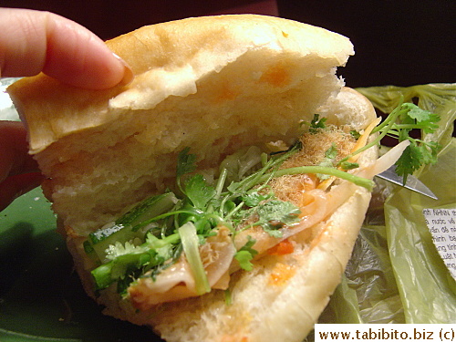 Pickled veggies, coriander and some dried pork floss as filling.  It's ok, not good nor bad, but the baguette wasn't crispy as hoped
