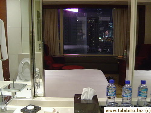 Half of the bathroom wall opens to the bedroom