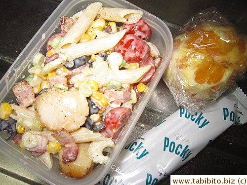 Scallop pasta salad, orange, Pocky