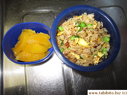 Chinese fried rice with roast pork (charsui), orange