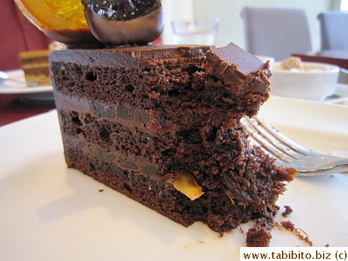 Bitter chocolate cake with candied orange peel and chewy candied fig, yummy