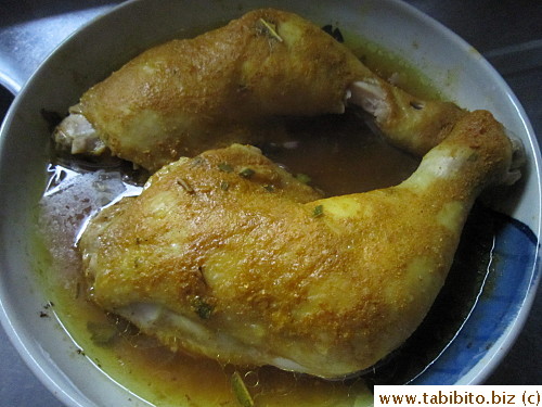 The chicken is steamed for 25 minutes before frying