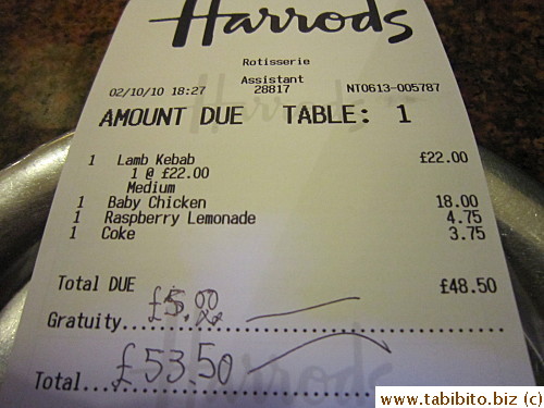 KL gave the usual 10% tip (customary in London) but the server only charged him the food cost.  Maybe they don't expect tips in food court style meal?