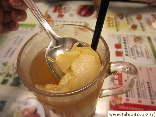 A sweet drink made with pears and herbs