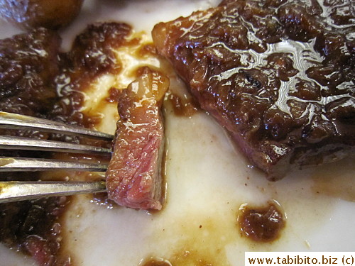 The steak was very tender and cooked to a medium rare 