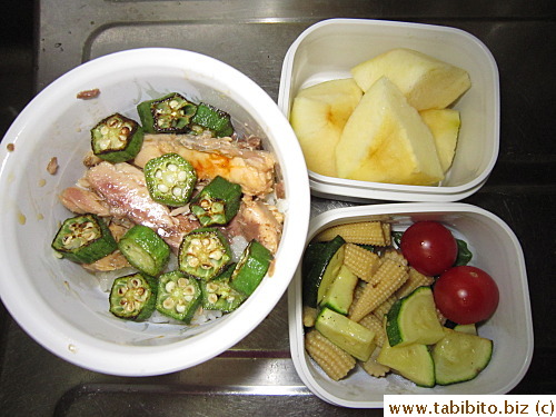 Canned sardine, fried okra, stirfried baby corn and zucchini, cherry tomatoes, apple