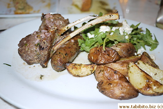 KL had dinner with several friends from highschool.  He ordered lamb chops and sausage