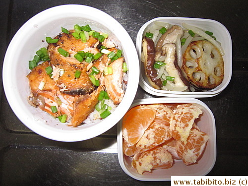 Grilled salmon, stirfried bean sprouts with fresh shiitake, seared fresh lotus root, mandarin