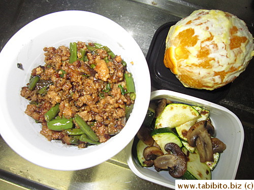 Stirfried ground pork with green beans, sauteed zucchini and mushrooms, orange